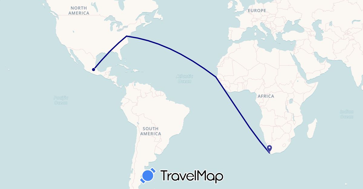 TravelMap itinerary: driving in Mexico, Senegal, United States, South Africa (Africa, North America)